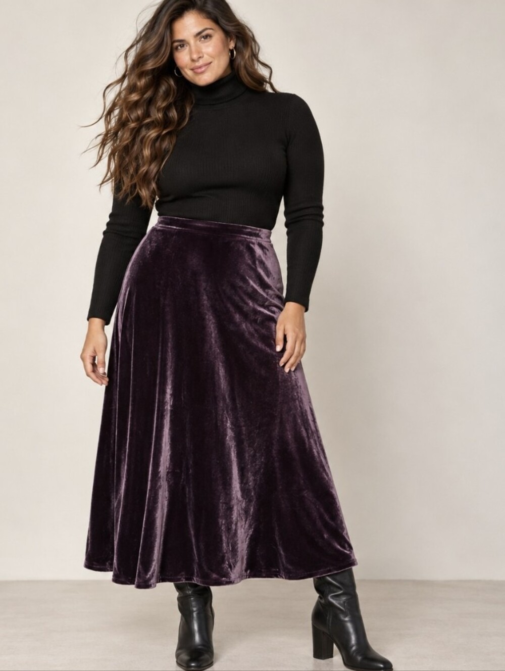 Eileen Fisher Purple Velvet Midi Skirt Silk Blend Stretch Waist Zip Plum Size 1X